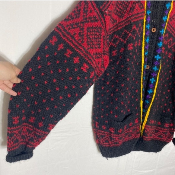 Vintage Namaste Woolens Handmade Wool Jacquard Knit Crew Neck Button Cardigan XL - Picture 6 of 13